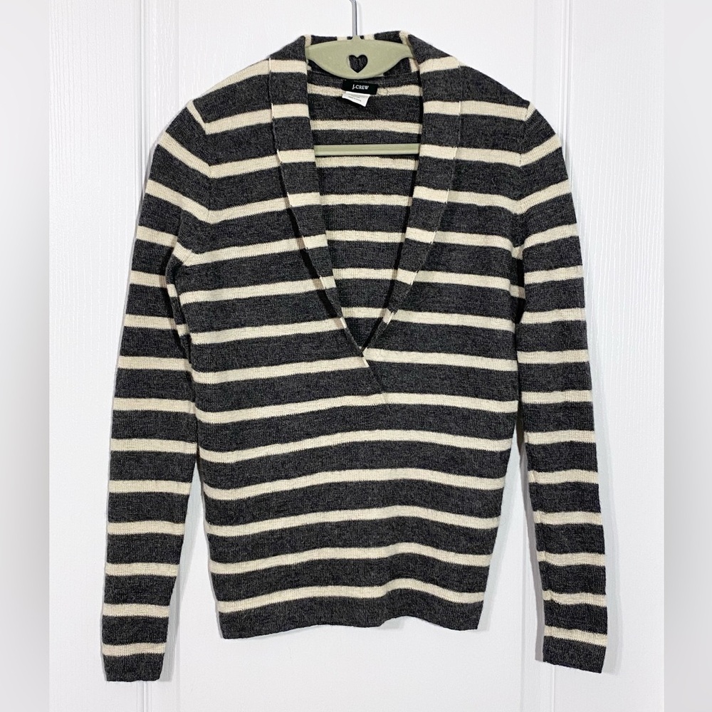 90s J.Crew Baby Alpaca Shawl Collar Striped Sweater VTG Charcoal Cream Size XS
